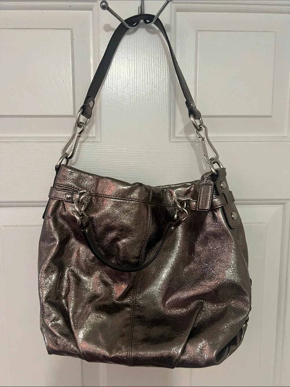Coach Metallic Pewter Leather Hobo with Black Strap and Silver Hardware